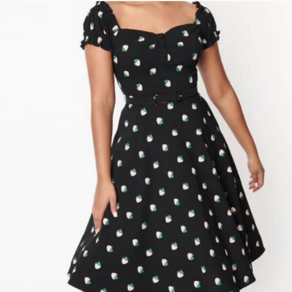 Unique Vintage Black Maxi Dress with White and Green Floral Motif